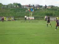 Tablou de Golesti, terenul de joc impecabil, tribuna cu galeria, primarul comunei Zar Alexandru si stegurile tricolore...